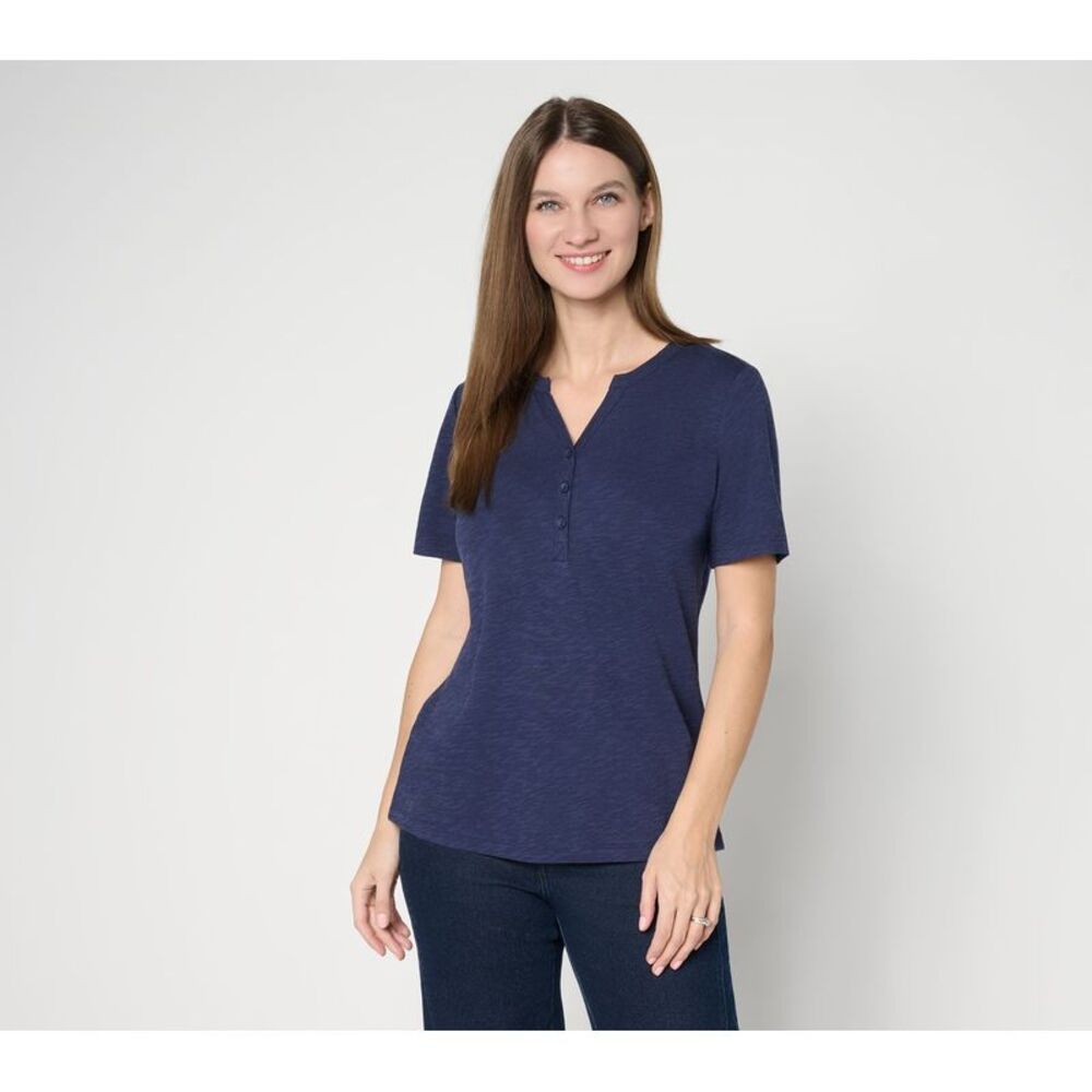 Denim & Co. Women's Top Plus Sz 2X Essentials Linen Blend Short Blue A685472